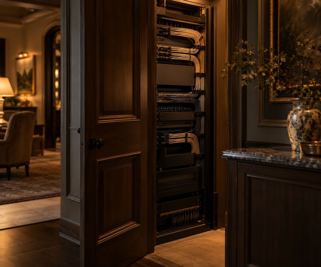 A discreet equipment cabinet behind a paneled door