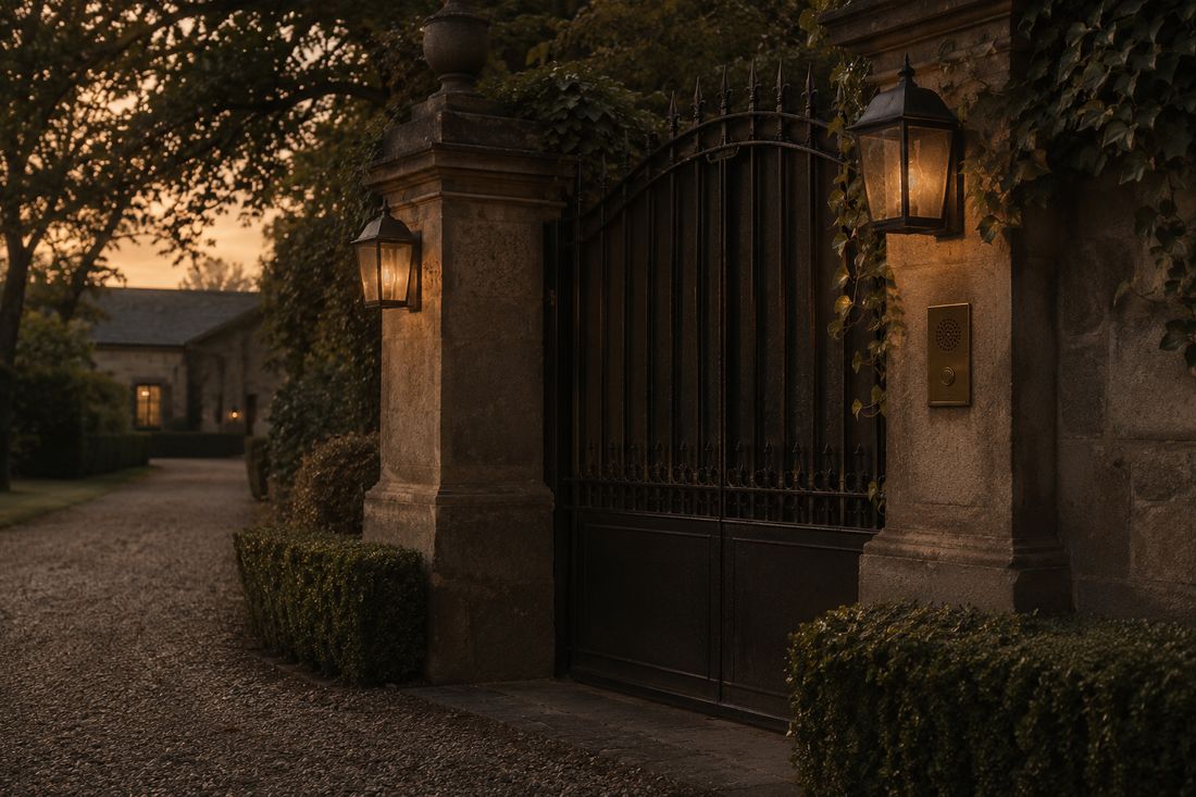 An estate gate at dusk