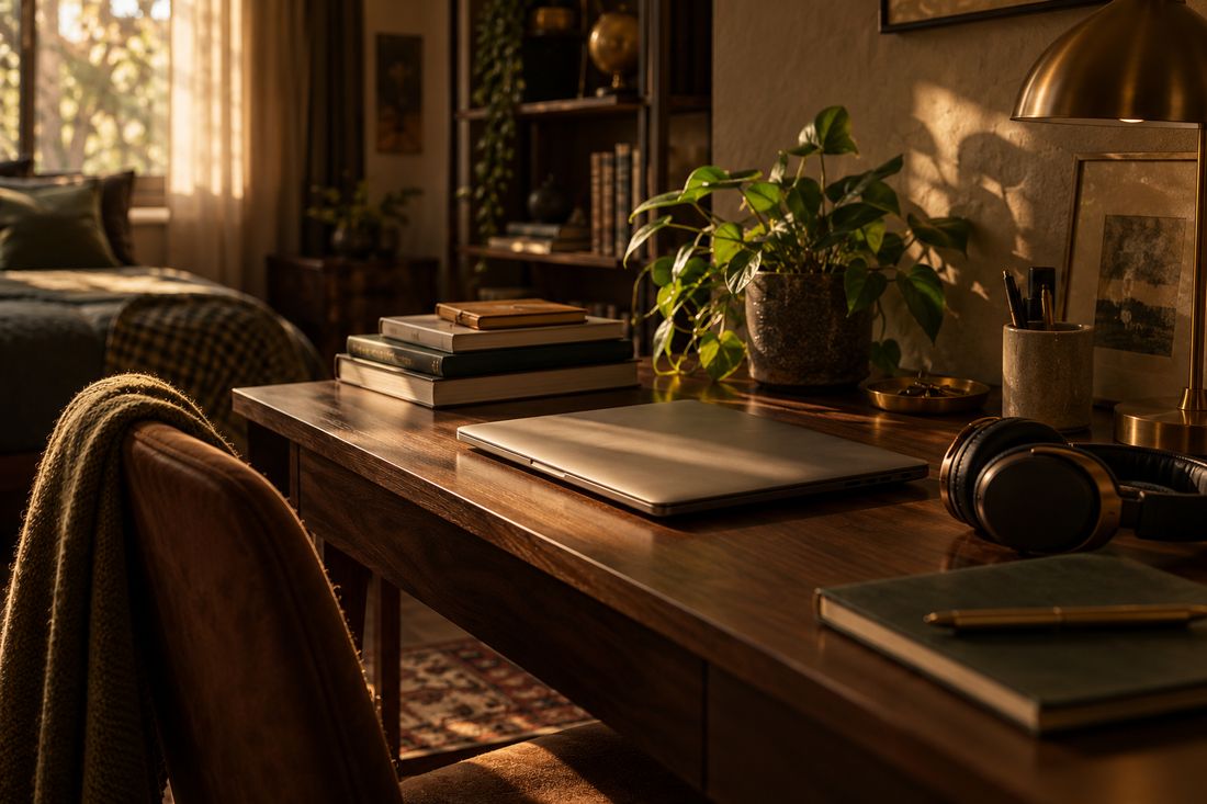 A quiet study desk with a closed laptop and headphones
