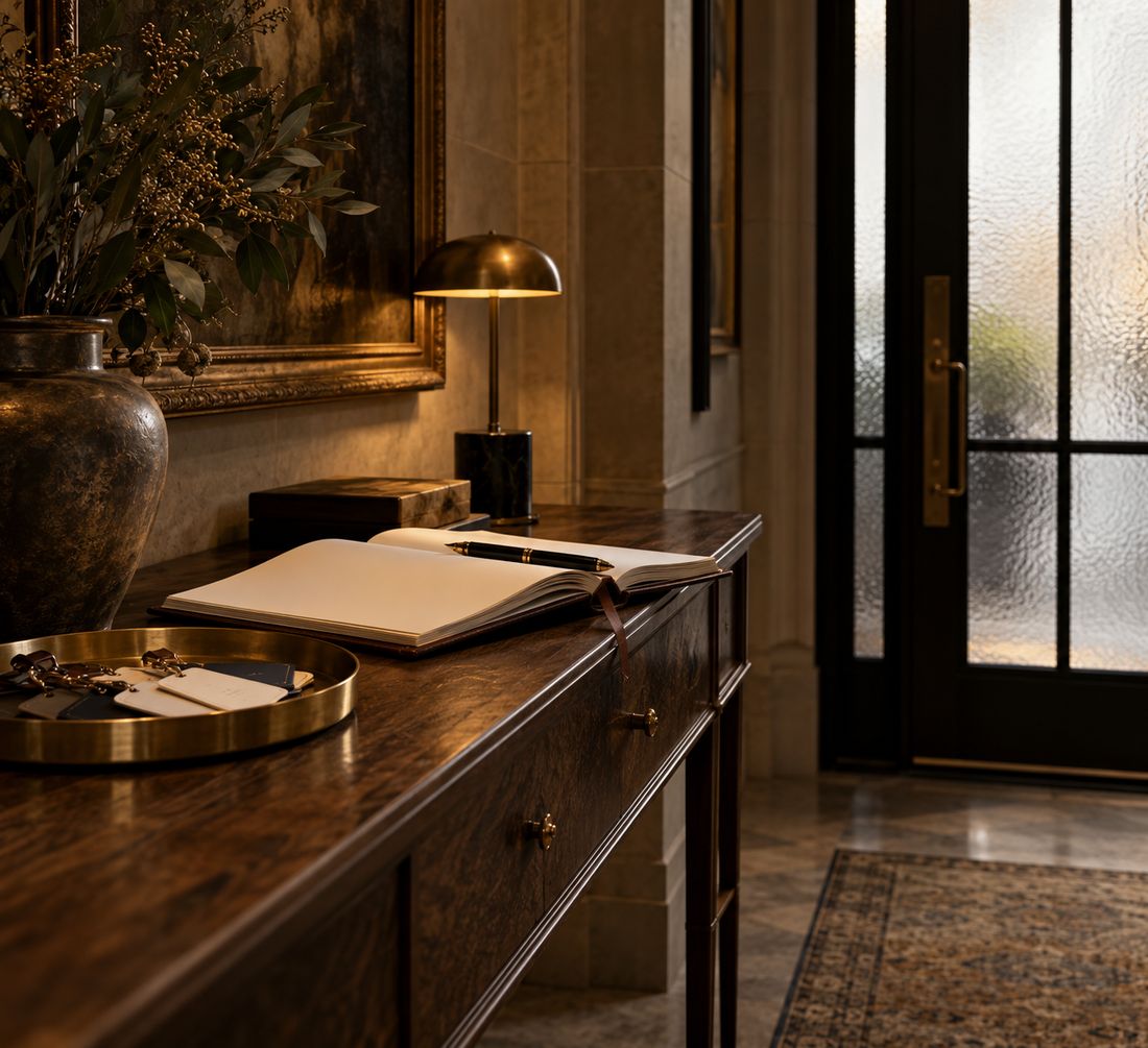 A front-hall console beside a frosted-glass door