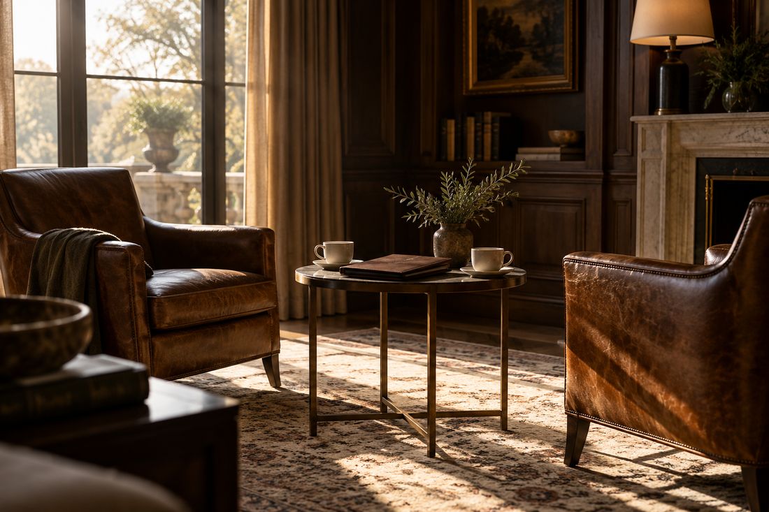 Two leather chairs in a sunlit morning room