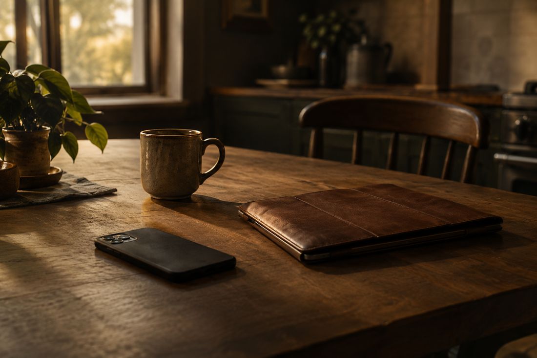 A kitchen table with a phone, a folio and a mug