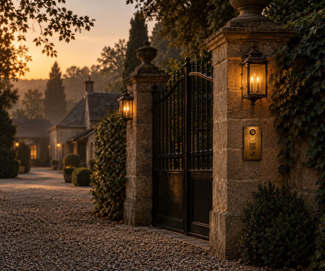 An estate gate with a brass intercom at golden hour
