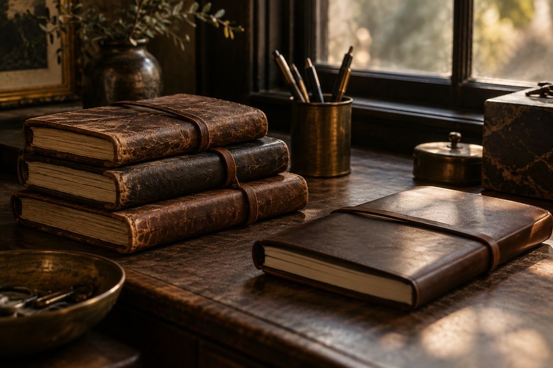 Worn leather notebooks beside a new one