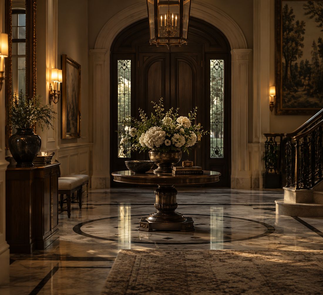 A grand entry hall with flowers on a round table