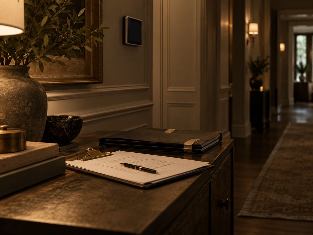 A hallway desk with notes beside a wall control panel