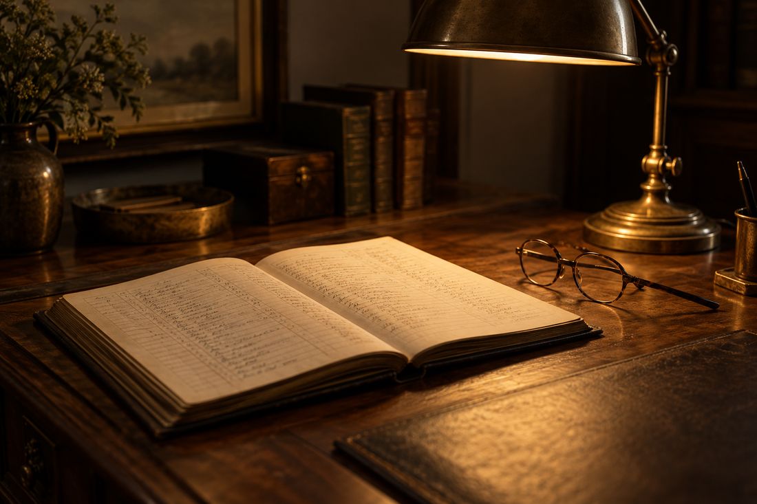 An open ledger under a brass lamp